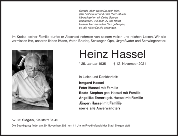 Traueranzeige von Heinz Hassel von Siegener Zeitung