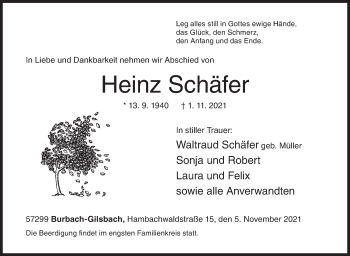 Traueranzeige von Heinz Schäfer von Siegener Zeitung