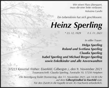 Traueranzeige von Heinz Sperling von Siegener Zeitung
