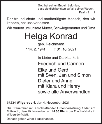 Traueranzeige von Helga Konrad von Siegener Zeitung
