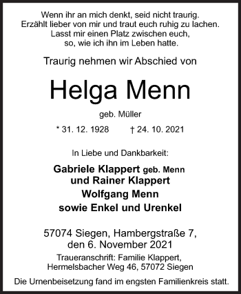 Traueranzeige von Helga Menn von Siegener Zeitung