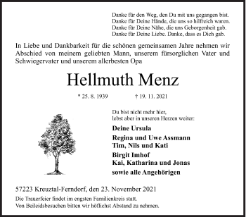 Traueranzeige von Hellmuth Menz von Siegener Zeitung