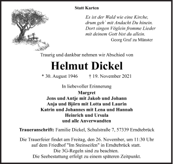 Traueranzeige von Helmut Dickel von Siegener Zeitung