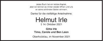 Traueranzeige von Helmut Irle von Siegener Zeitung