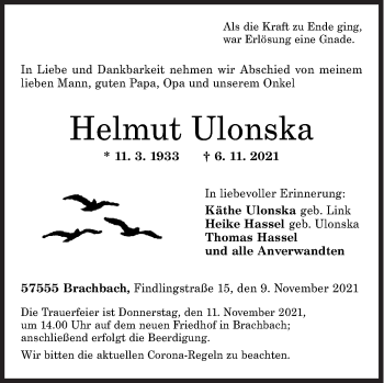 Traueranzeige von Helmut Ulonska von Siegener Zeitung