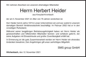 Traueranzeige von Herbert Heider von Siegener Zeitung