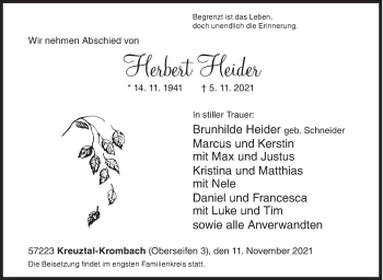 Traueranzeige von Herbert Heider von Siegener Zeitung