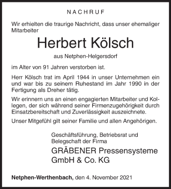 Traueranzeige von Herbert Kölsch von Siegener Zeitung