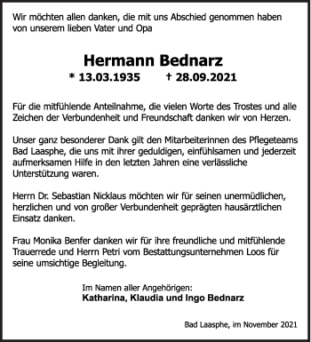 Traueranzeige von Hermann Bednarz von Siegener Zeitung