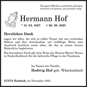 Traueranzeige von Hermann Hof von Siegener Zeitung