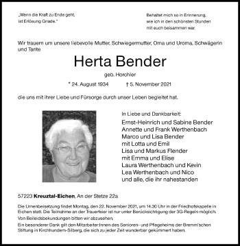 Traueranzeige von Herta Bender von Siegener Zeitung