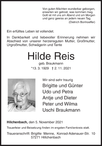 Traueranzeige von Hilde Reis von Siegener Zeitung