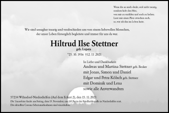 Traueranzeige von Hiltrud Ilse Stettner von Siegener Zeitung
