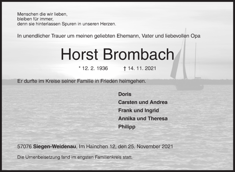  Traueranzeige für Horst Brombach vom 25.11.2021 aus Siegener Zeitung