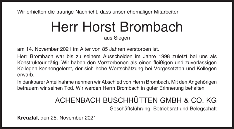  Traueranzeige für Horst Brombach vom 25.11.2021 aus Siegener Zeitung