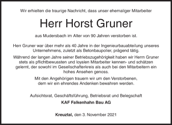 Traueranzeige von Horst Gruner von Siegener Zeitung