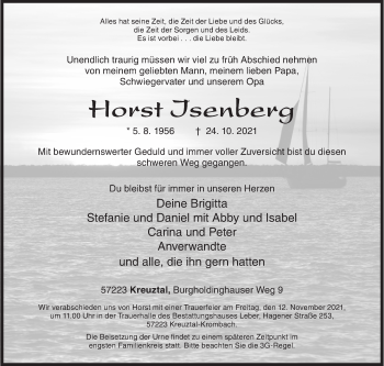 Traueranzeige von Horst Isenberg von Siegener Zeitung