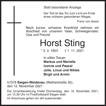 Traueranzeige von Horst Sting von Siegener Zeitung