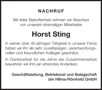 Traueranzeige von Horst Sting von Siegener Zeitung