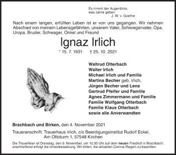 Traueranzeige von Ignaz Irlich von Siegener Zeitung