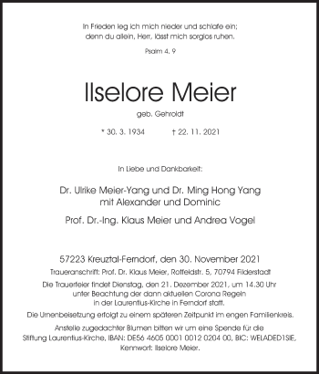 Traueranzeige von Ilselore Meier von Siegener Zeitung