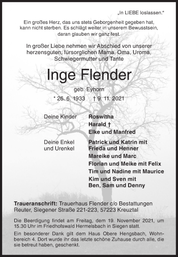 Traueranzeige von Inge Flender von Siegener Zeitung