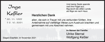 Traueranzeige von Inge Keßler von Siegener Zeitung