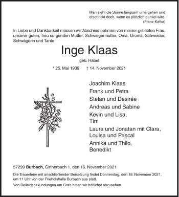 Traueranzeige von Inge Klaas von Siegener Zeitung