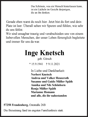 Traueranzeige von Inge Knetsch von Siegener Zeitung