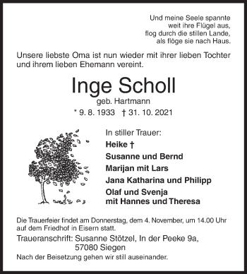 Traueranzeige von Inge Scholl von Siegener Zeitung