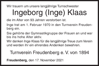 Traueranzeige von Ingeborg Klaas von Siegener Zeitung