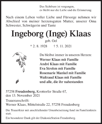 Traueranzeige von Ingeborg Klaas von Siegener Zeitung