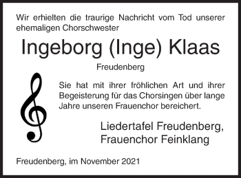 Traueranzeige von Ingeborg Klaas von Siegener Zeitung