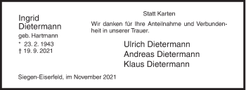 Traueranzeige von Ingrid Dietermann von Siegener Zeitung