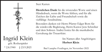 Traueranzeige von Ingrid Klein von Siegener Zeitung