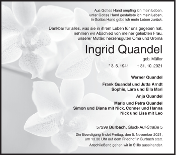 Traueranzeige von Ingrid Quandel von Siegener Zeitung