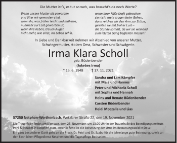 Traueranzeige von Irma Klara Scholl von Siegener Zeitung
