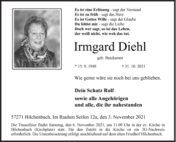 Traueranzeige von Irmgard Diehl von Siegener Zeitung