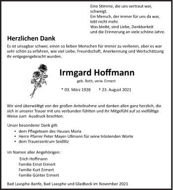 Traueranzeige von Irmgard Hoffmann von Siegener Zeitung
