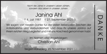 Traueranzeige von Janina Ahl von Siegener Zeitung