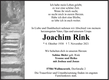 Traueranzeige von Joachim Rink von Siegener Zeitung