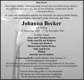 Traueranzeige von Johanna Becker von Siegener Zeitung