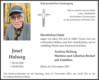 Traueranzeige von Josef Holweg von Siegener Zeitung