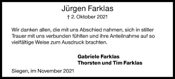 Traueranzeige von Jürgen Farklas von Siegener Zeitung