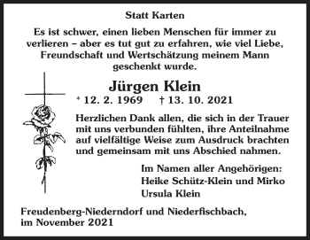 Traueranzeige von Jürgen Klein von Siegener Zeitung