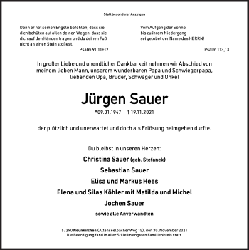 Traueranzeige von Jürgen Sauer von Siegener Zeitung