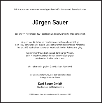 Traueranzeige von Jürgen Sauer von Siegener Zeitung