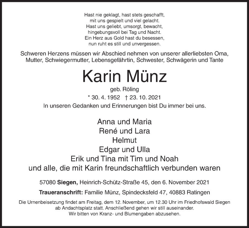  Traueranzeige für Karin Münz vom 06.11.2021 aus Siegener Zeitung