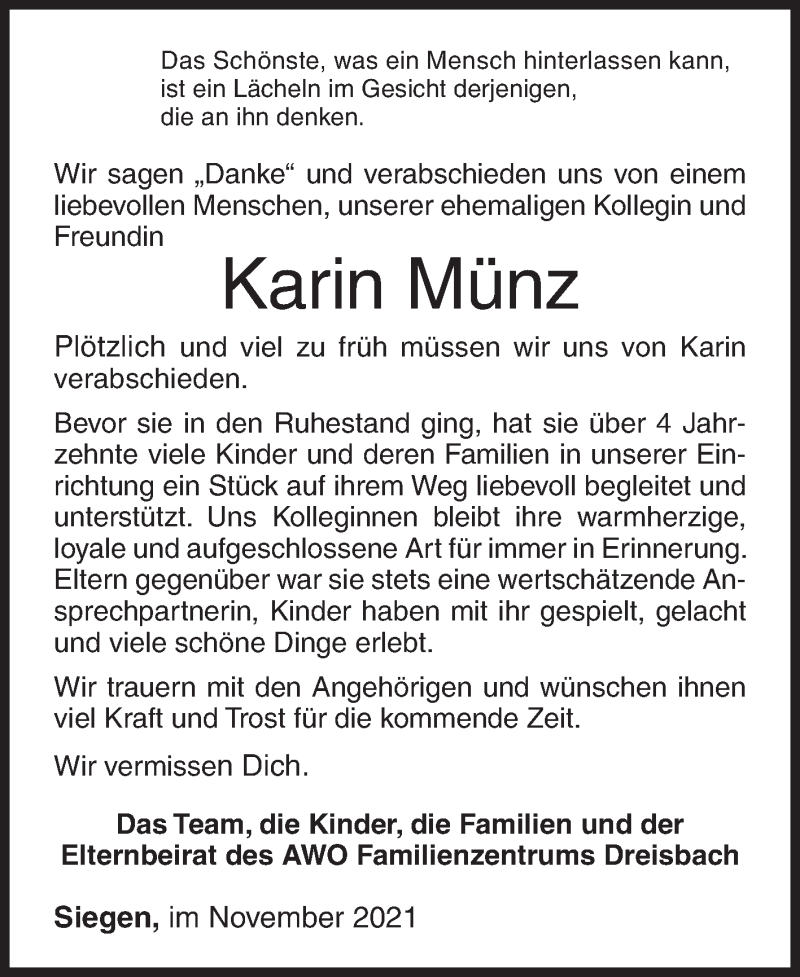  Traueranzeige für Karin Münz vom 06.11.2021 aus Siegener Zeitung