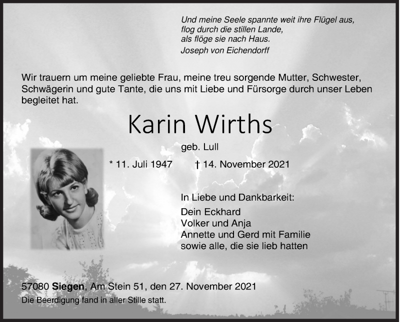  Traueranzeige für Karin Wirths vom 27.11.2021 aus Siegener Zeitung